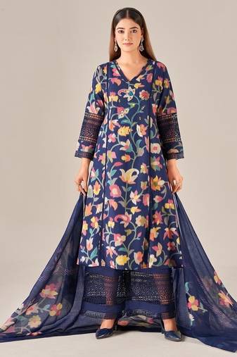 Navy blue linen printed hand embroidery kurta set with dupatta