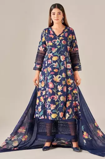 Navy blue linen printed hand embroidery kurta set with dupatta