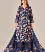 Navy blue linen printed hand embroidery kurta set with dupatta