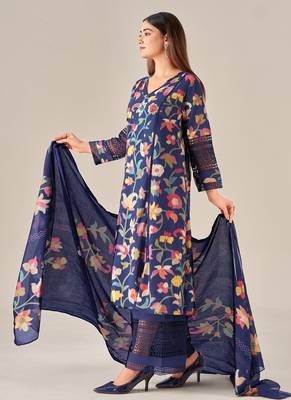 Navy blue linen printed hand embroidery kurta set with dupatta 2