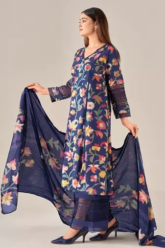 Navy blue linen printed hand embroidery kurta set with dupatta