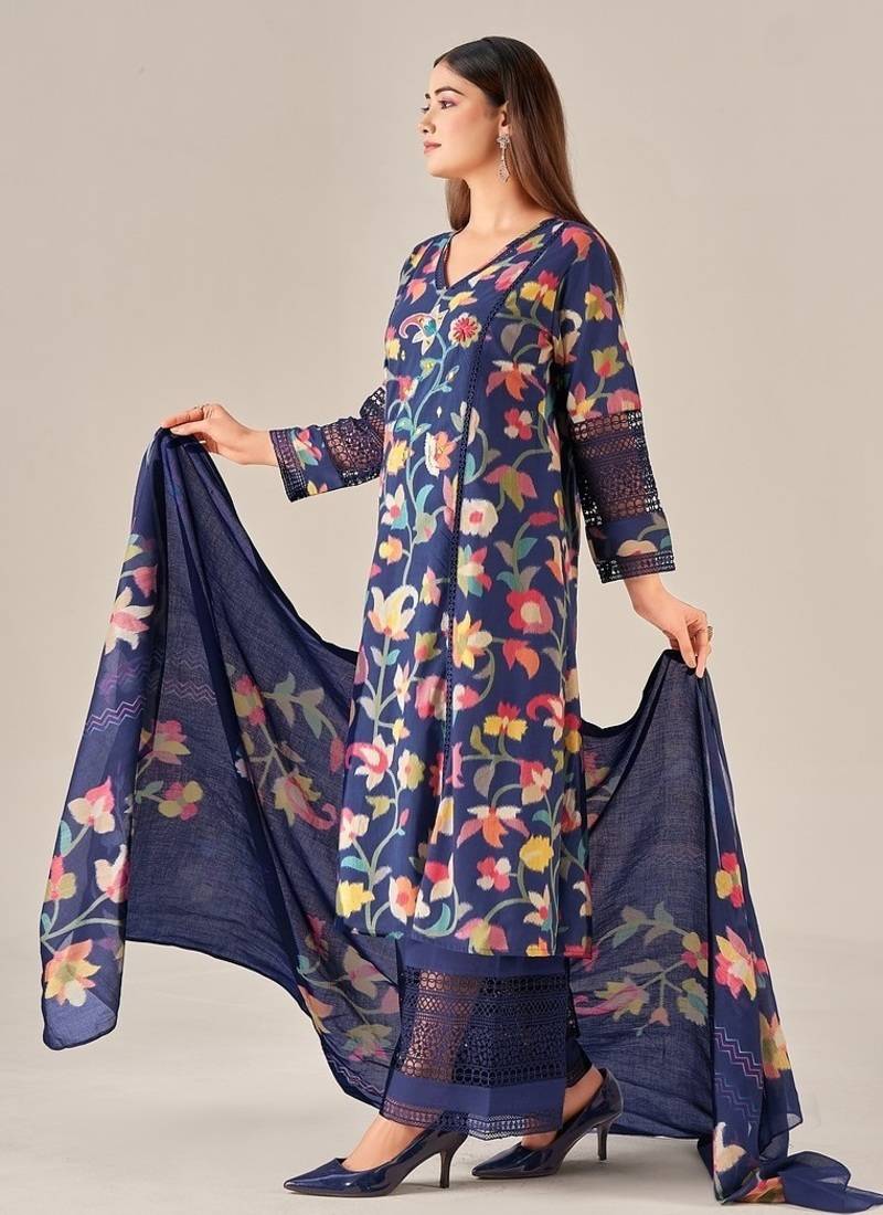 Navy blue linen printed hand embroidery kurta set with dupatta