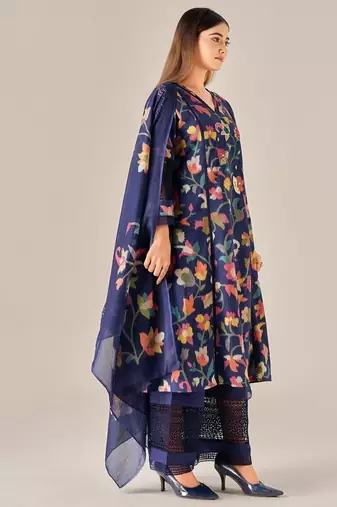 Navy blue linen printed hand embroidery kurta set with dupatta
