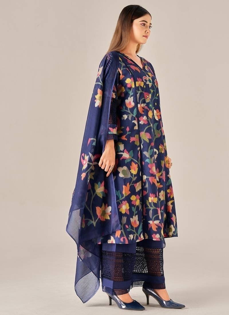 Navy blue linen printed hand embroidery kurta set with dupatta
