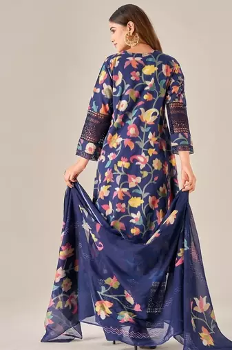 Navy blue linen printed hand embroidery kurta set with dupatta