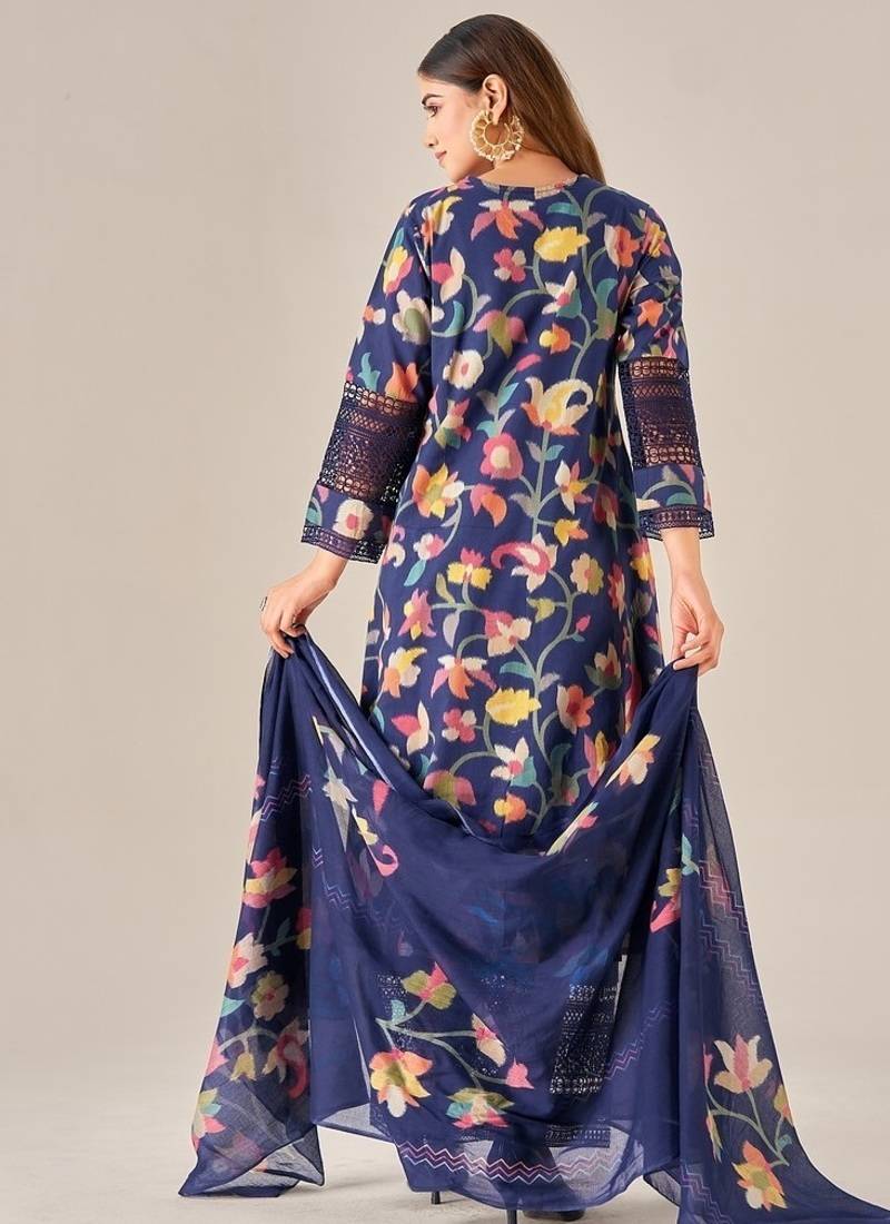 Navy blue linen printed hand embroidery kurta set with dupatta