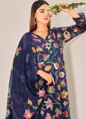 Navy blue linen printed hand embroidery kurta set with dupatta 5