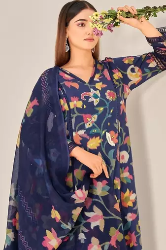 Navy blue linen printed hand embroidery kurta set with dupatta