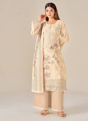 Beige linen printed hand embroidery kurta set with dupatta 1
