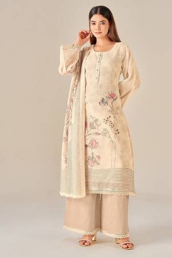 Beige linen printed hand embroidery kurta set with dupatta