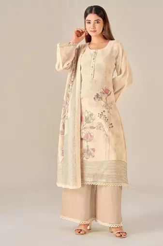 Beige linen printed hand embroidery kurta set with dupatta