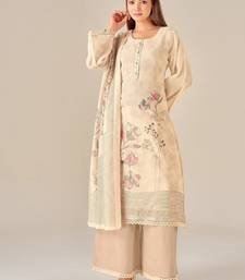 Beige linen printed hand embroidery kurta set with dupatta