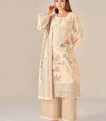 Beige linen printed hand embroidery kurta set with dupatta