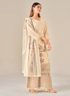 Beige linen printed hand embroidery kurta set with dupatta 2