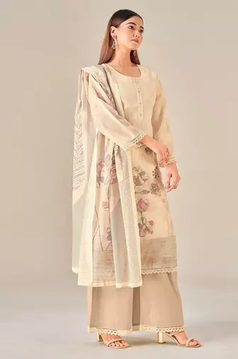 Beige linen printed hand embroidery kurta set with dupatta