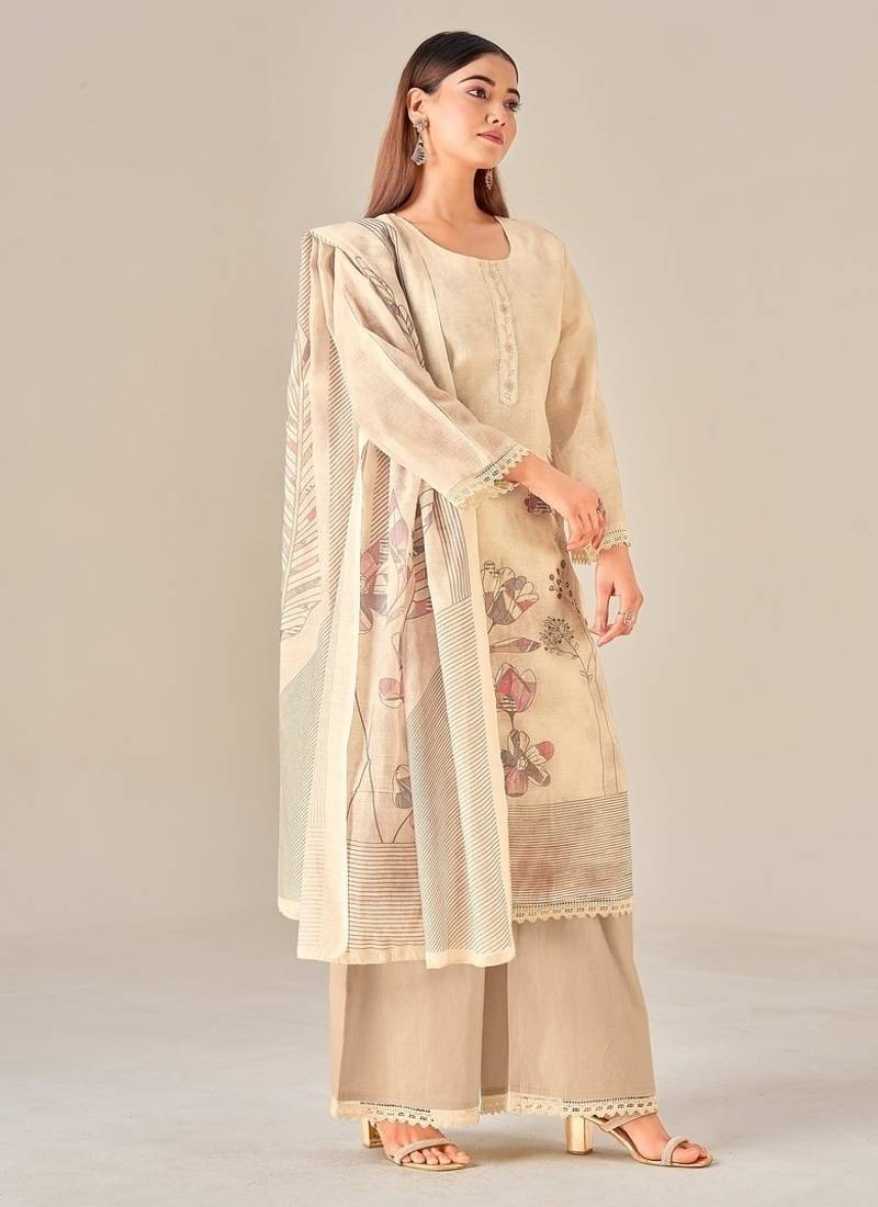 Beige linen printed hand embroidery kurta set with dupatta