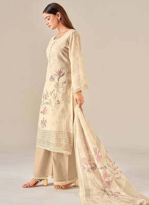 Beige linen printed hand embroidery kurta set with dupatta 3