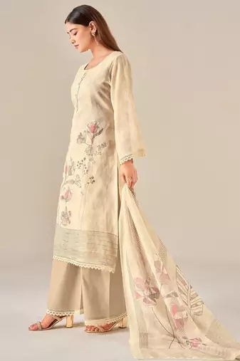 Beige linen printed hand embroidery kurta set with dupatta
