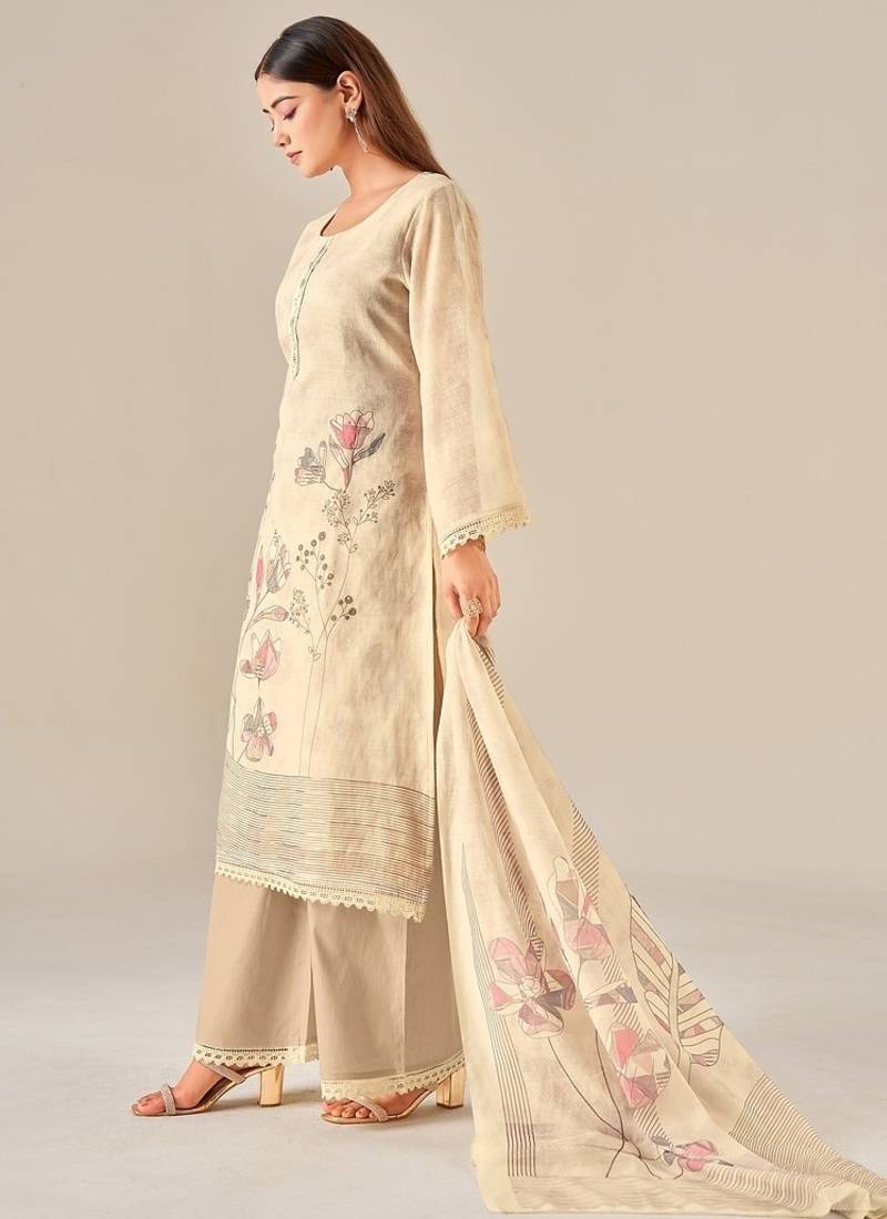 Beige linen printed hand embroidery kurta set with dupatta