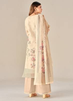 Beige linen printed hand embroidery kurta set with dupatta 4