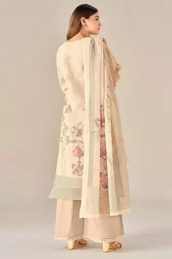 Beige linen printed hand embroidery kurta set with dupatta