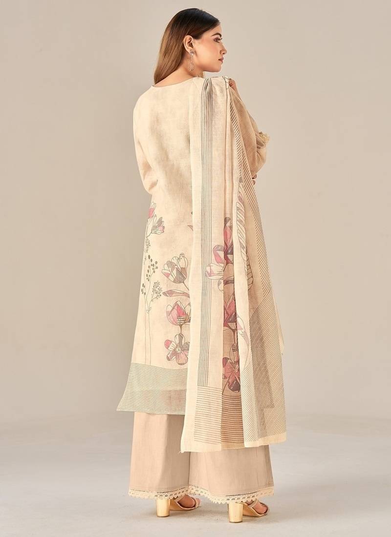 Beige linen printed hand embroidery kurta set with dupatta