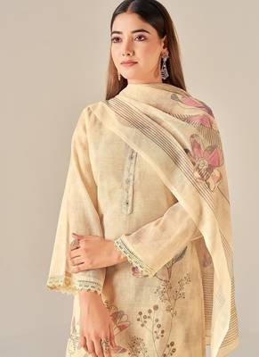 Beige linen printed hand embroidery kurta set with dupatta 5