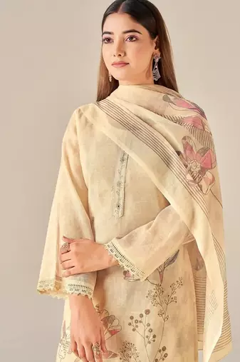 Beige linen printed hand embroidery kurta set with dupatta