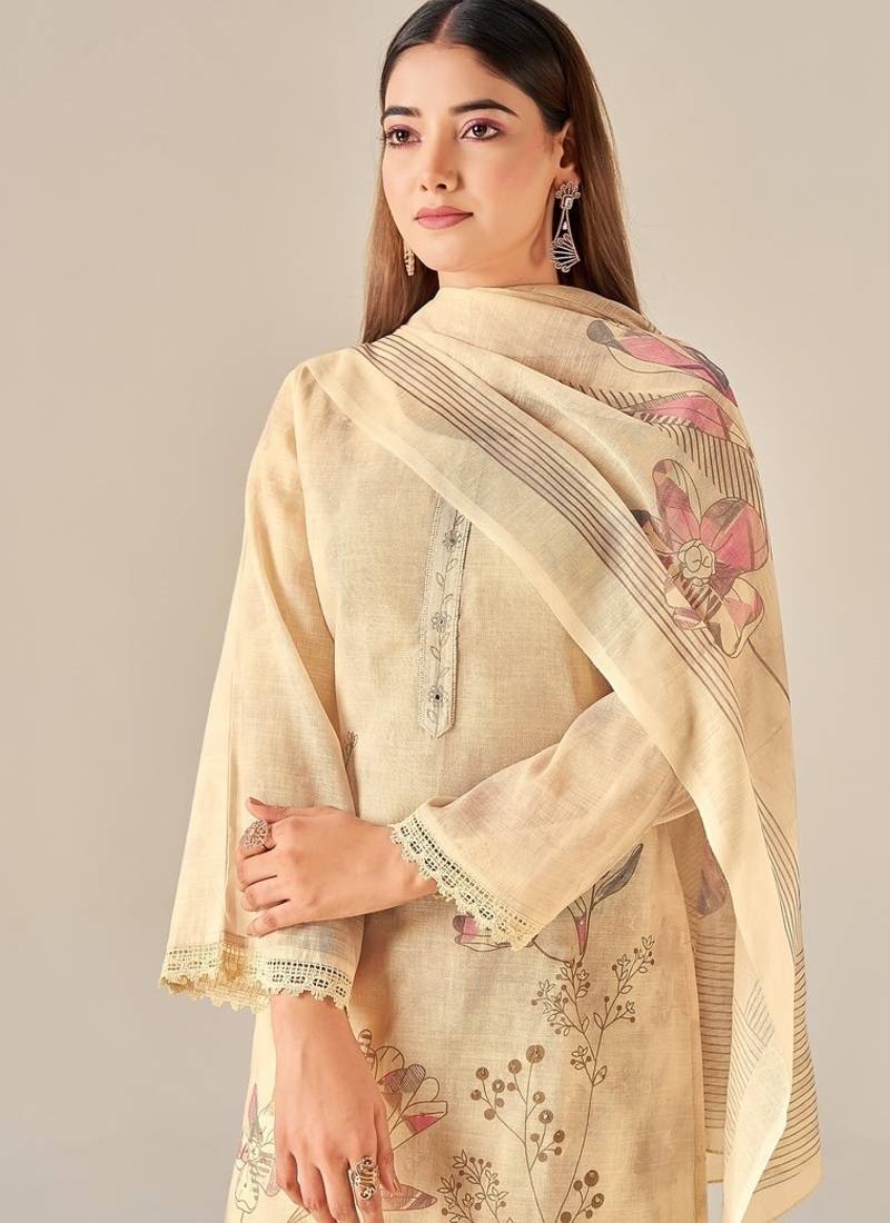 Beige linen printed hand embroidery kurta set with dupatta