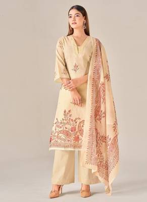 Beige linen printed hand embroidery kurta set with dupatta 1