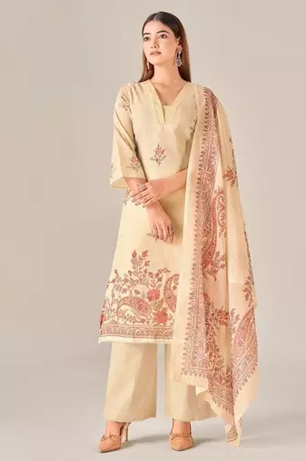 Beige linen printed hand embroidery kurta set with dupatta