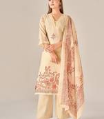 Beige linen printed hand embroidery kurta set with dupatta