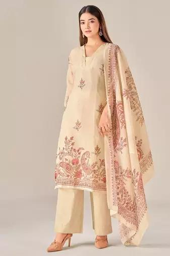 Beige linen printed hand embroidery kurta set with dupatta