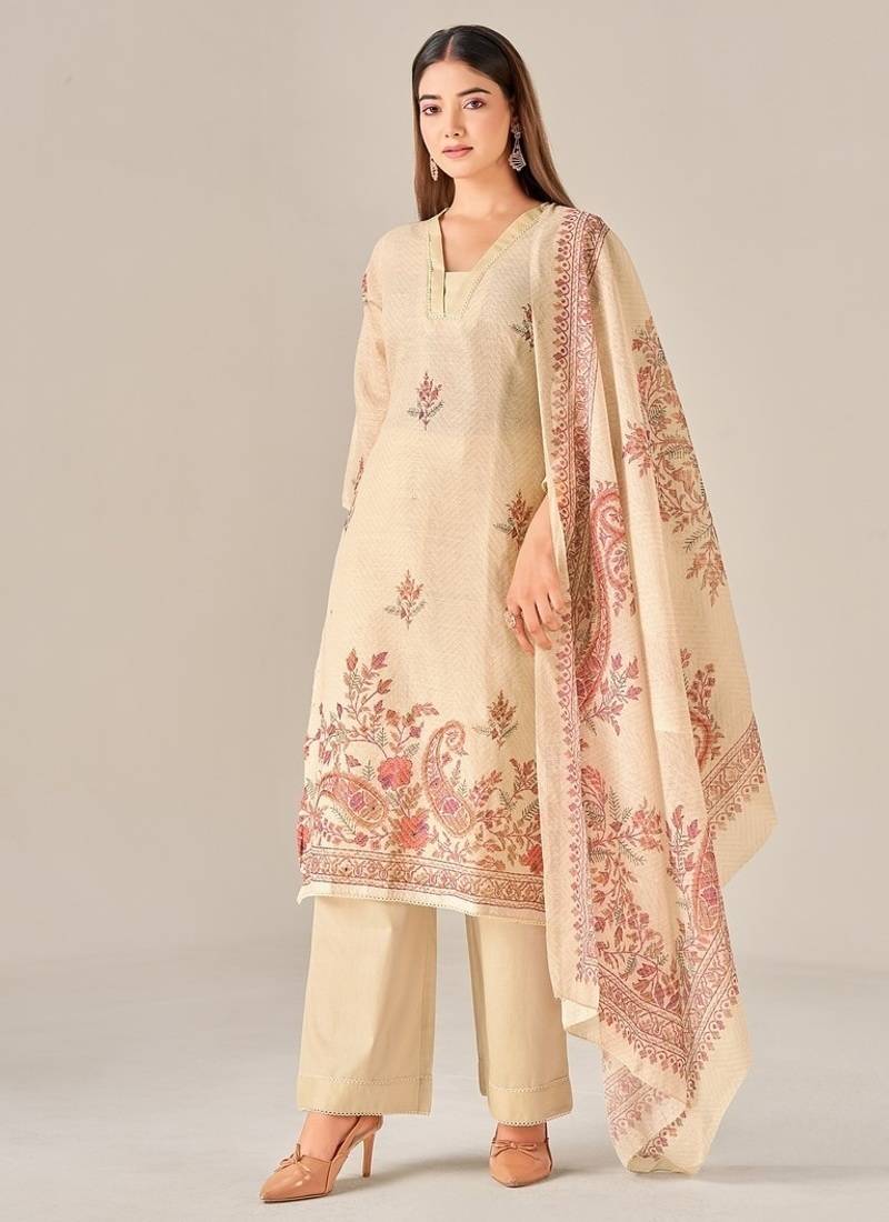 Beige linen printed hand embroidery kurta set with dupatta