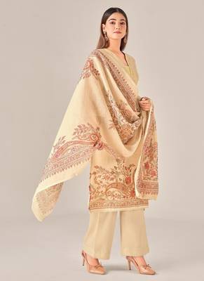 Beige linen printed hand embroidery kurta set with dupatta 3
