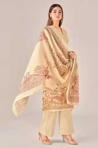 Beige linen printed hand embroidery kurta set with dupatta