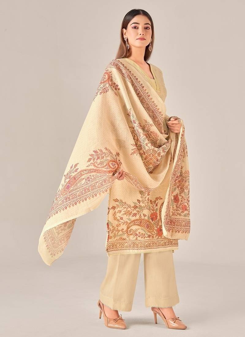 Beige linen printed hand embroidery kurta set with dupatta