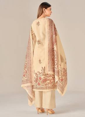 Beige linen printed hand embroidery kurta set with dupatta 4