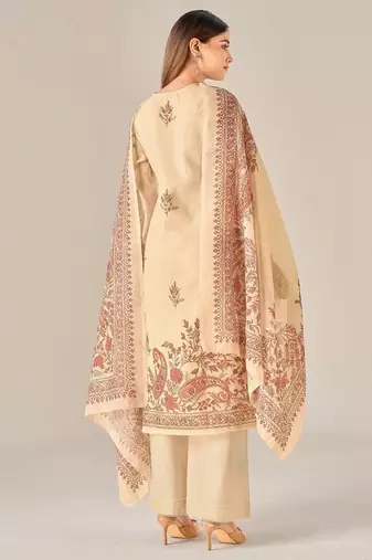 Beige linen printed hand embroidery kurta set with dupatta