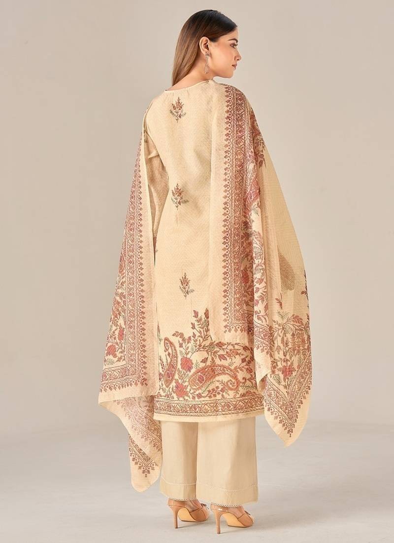 Beige linen printed hand embroidery kurta set with dupatta