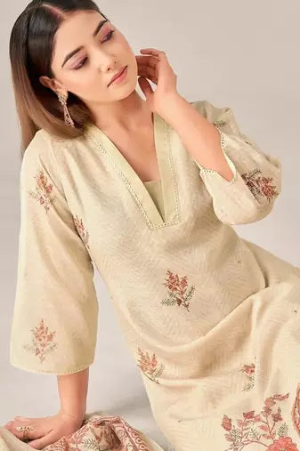 Beige linen printed hand embroidery kurta set with dupatta