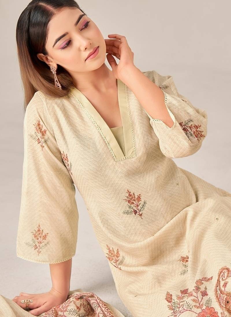 Beige linen printed hand embroidery kurta set with dupatta