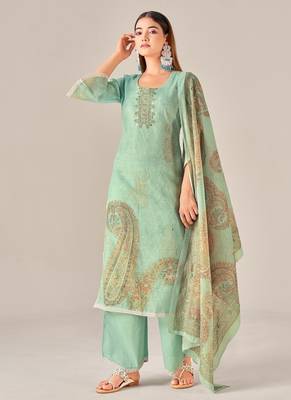 Green linen printed hand embroidery kurta set with dupatta 1