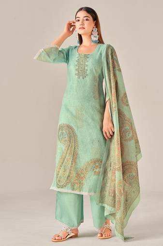 Green linen printed hand embroidery kurta set with dupatta