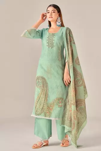 Green linen printed hand embroidery kurta set with dupatta