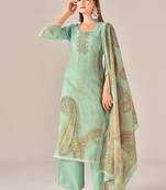 Green linen printed hand embroidery kurta set with dupatta