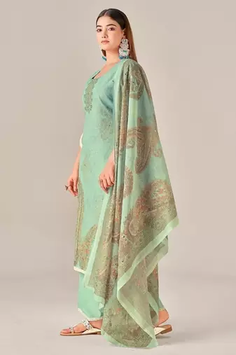 Green linen printed hand embroidery kurta set with dupatta