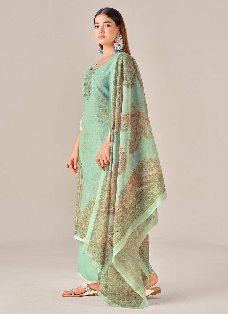 Green linen printed hand embroidery kurta set with dupatta