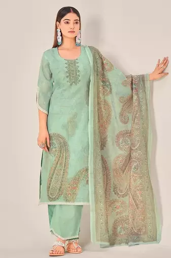 Green linen printed hand embroidery kurta set with dupatta