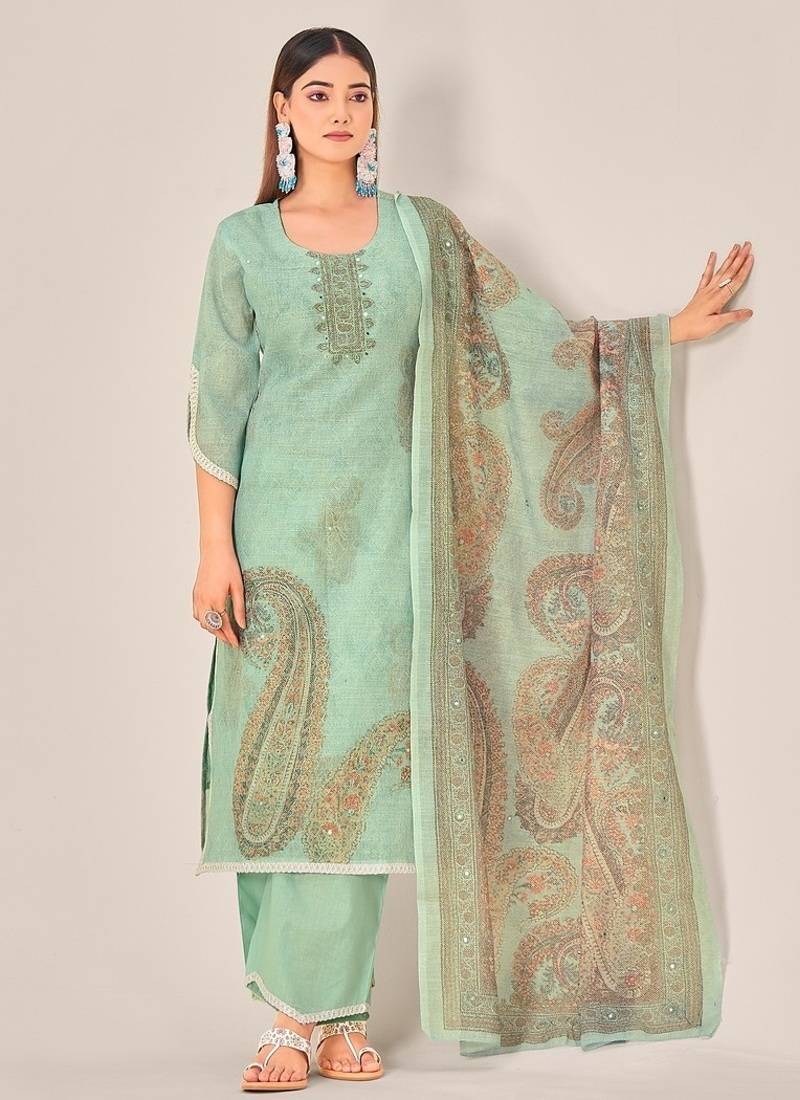 Green linen printed hand embroidery kurta set with dupatta
